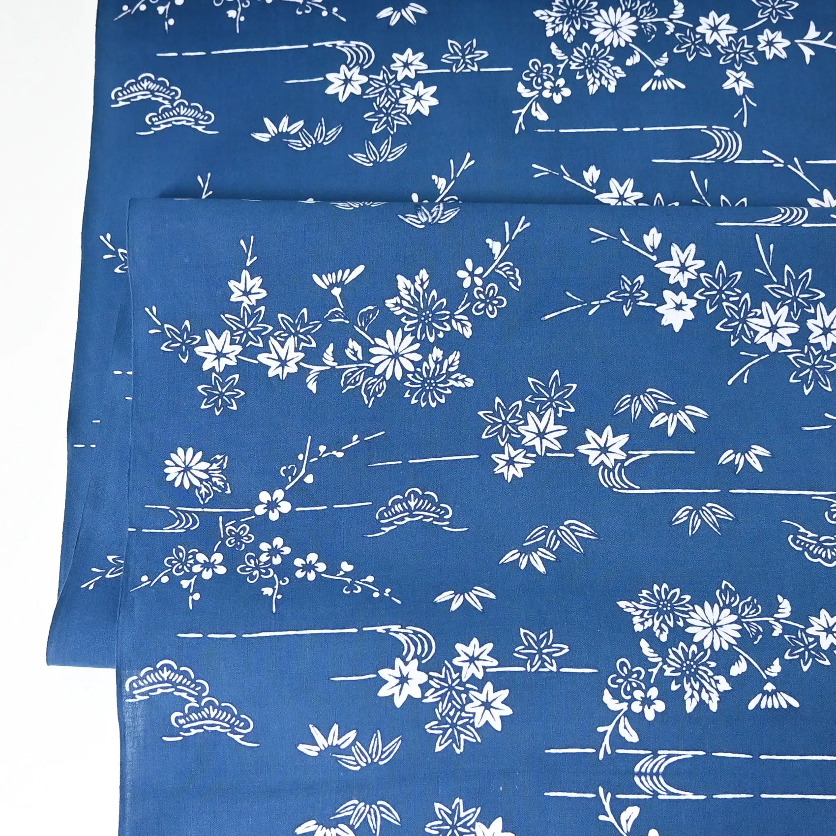 Vintage traditional Japanese yukata cotton fabric with seasonal flowers in soft blue.