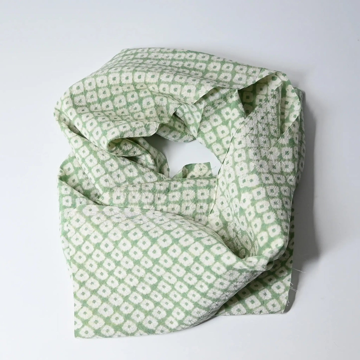 Vintage soft lime green silk shibori kimono fabric piece works well as a scarf.