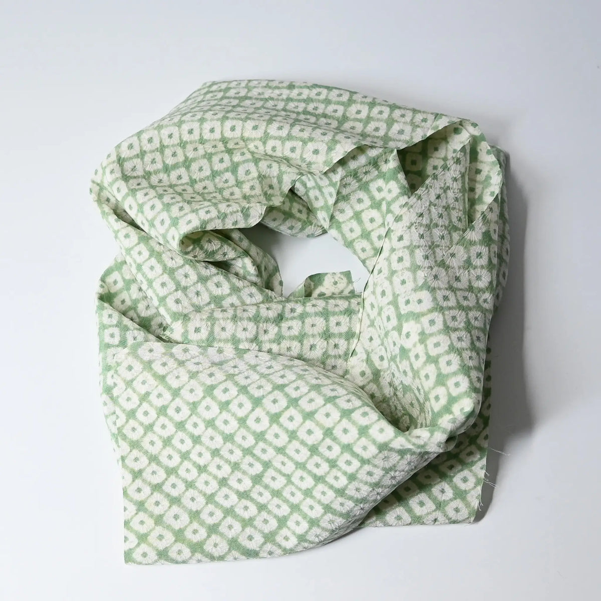 Vintage soft lime green silk shibori kimono fabric piece works well as a scarf.