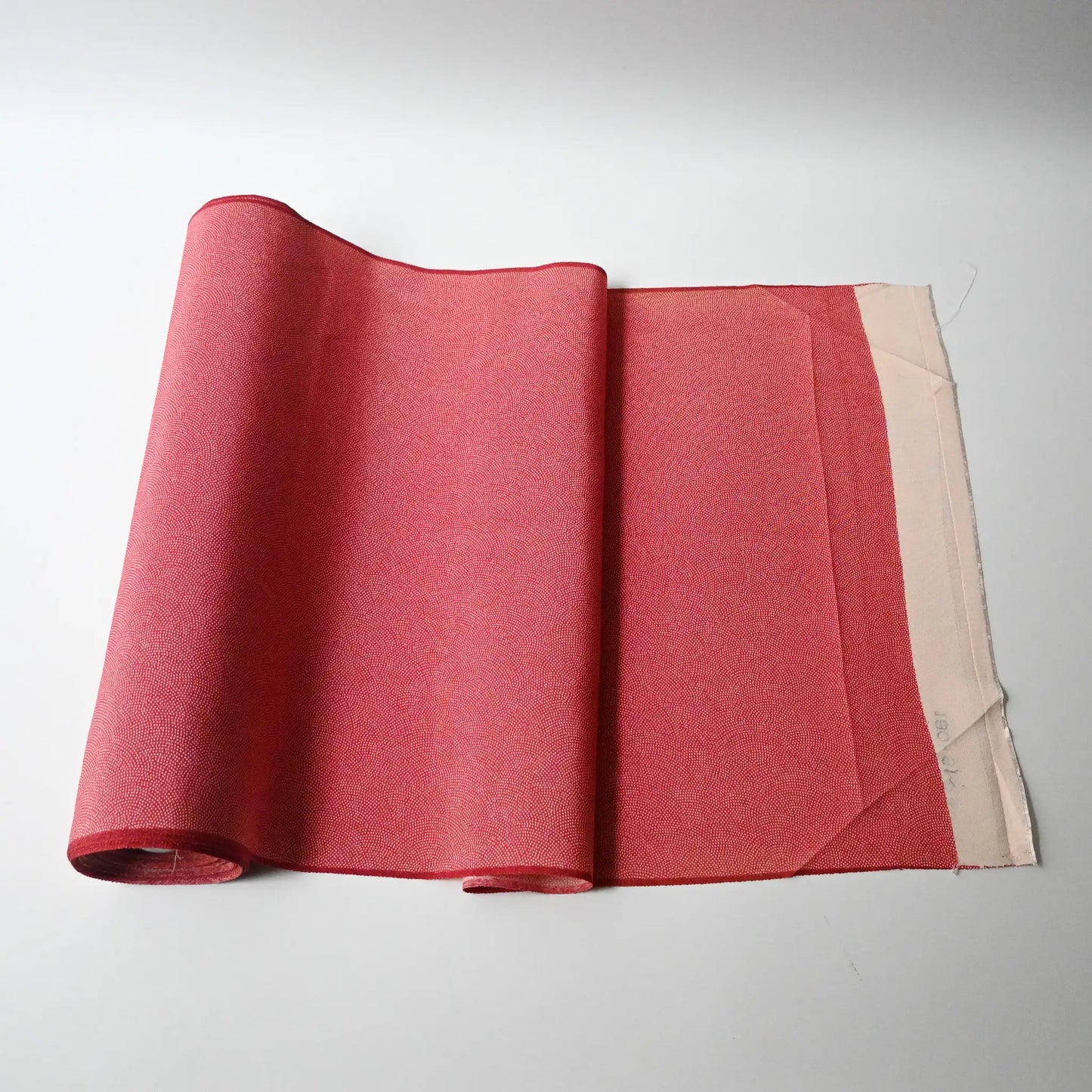 Vintage Edokomon silk crepe kimono fabric with intricate Seigaiha dots pattern in strawberry red.