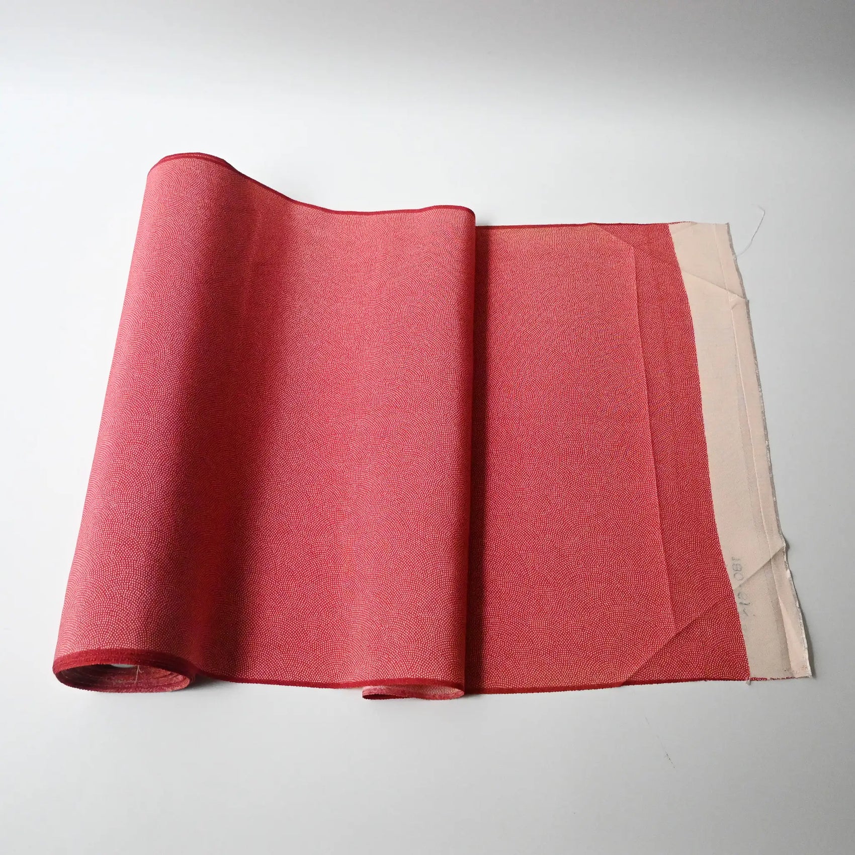 Vintage Edokomon silk crepe kimono fabric with intricate Seigaiha dots pattern in strawberry red.