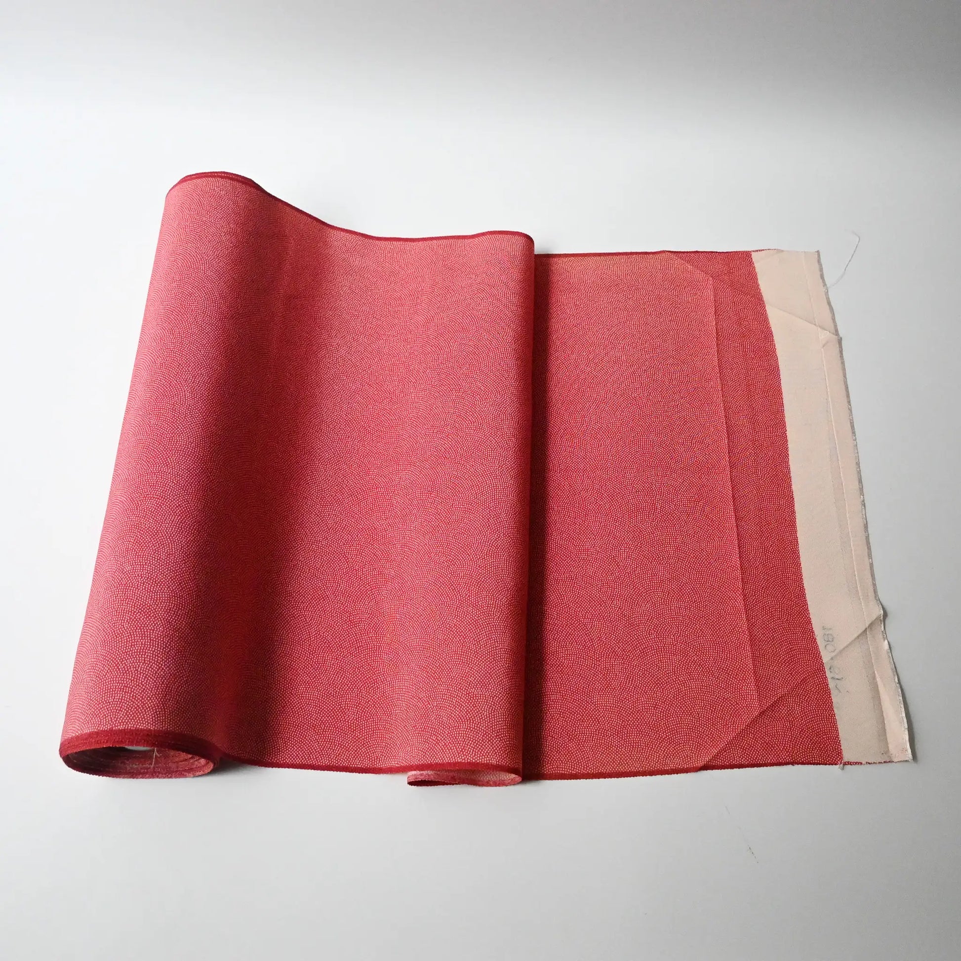 Vintage Edokomon silk crepe kimono fabric with intricate Seigaiha dots pattern in strawberry red.