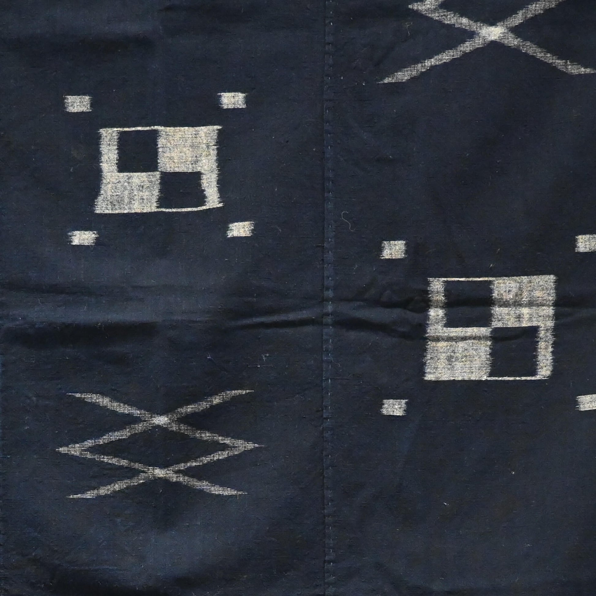 Vintage Japanese three-panel indigo kasuri cotton furoshiki with simple and understated design.
