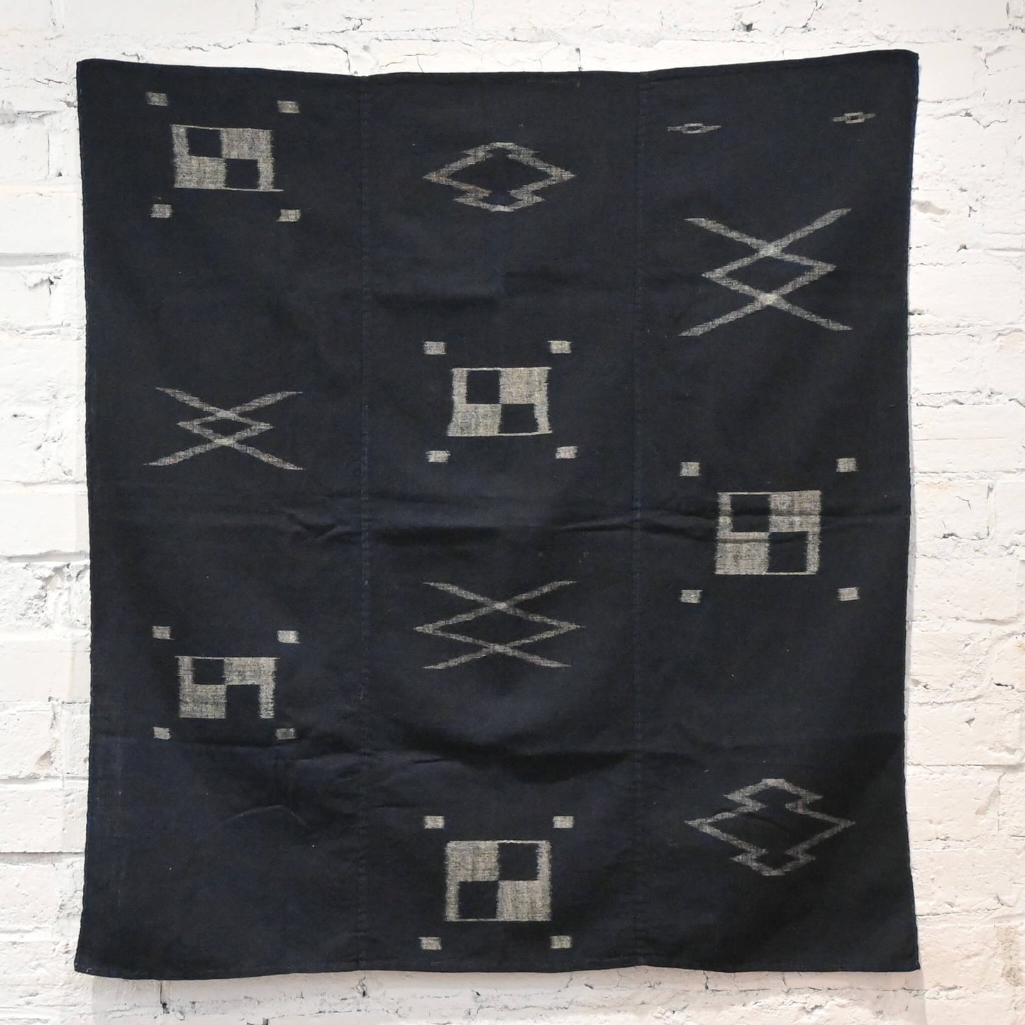Vintage Japanese three-panel indigo kasuri cotton furoshiki, great as a wall hanging.