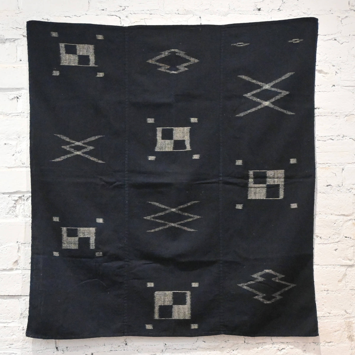 Vintage Japanese three-panel indigo kasuri cotton furoshiki, great as a wall hanging.