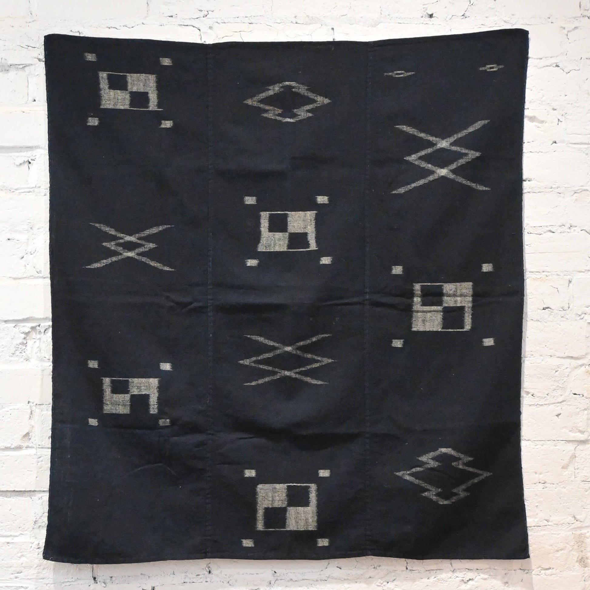 Vintage Japanese three-panel indigo kasuri cotton furoshiki, great as a wall hanging.