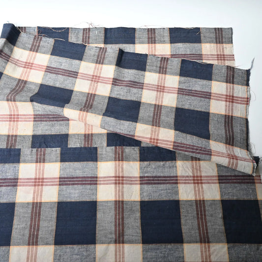 Detailed view of vintage three-panel indigo plaid check cotton piece from the mid-20th century.