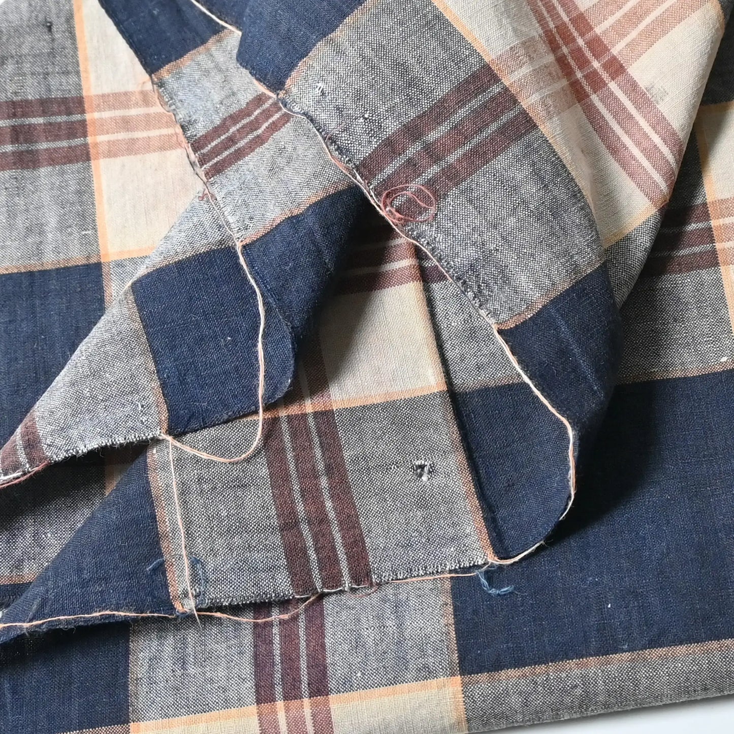 Detailed view of vintage three-panel indigo plaid check cotton piece from the mid-20th century.