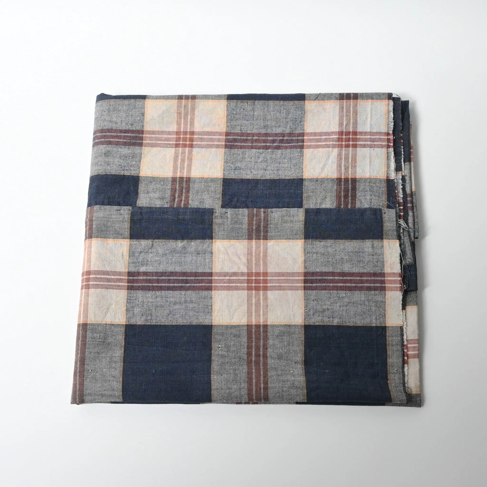 Vintage three-panel indigo plaid check cotton piece from the mid-20th century.