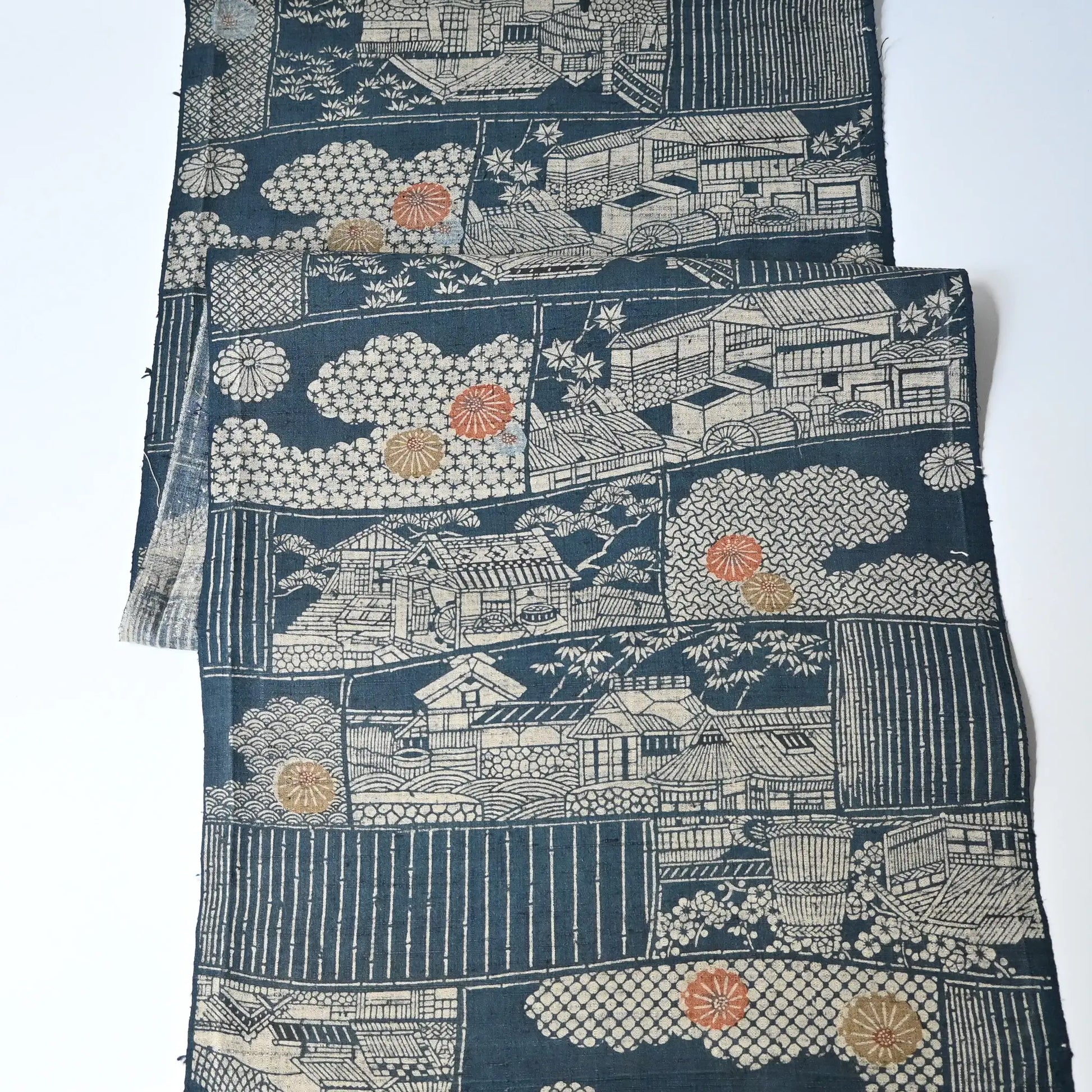 Vintage muted blue tsumugi silk kimono fabric piece with houses and chrysanthemum accents.