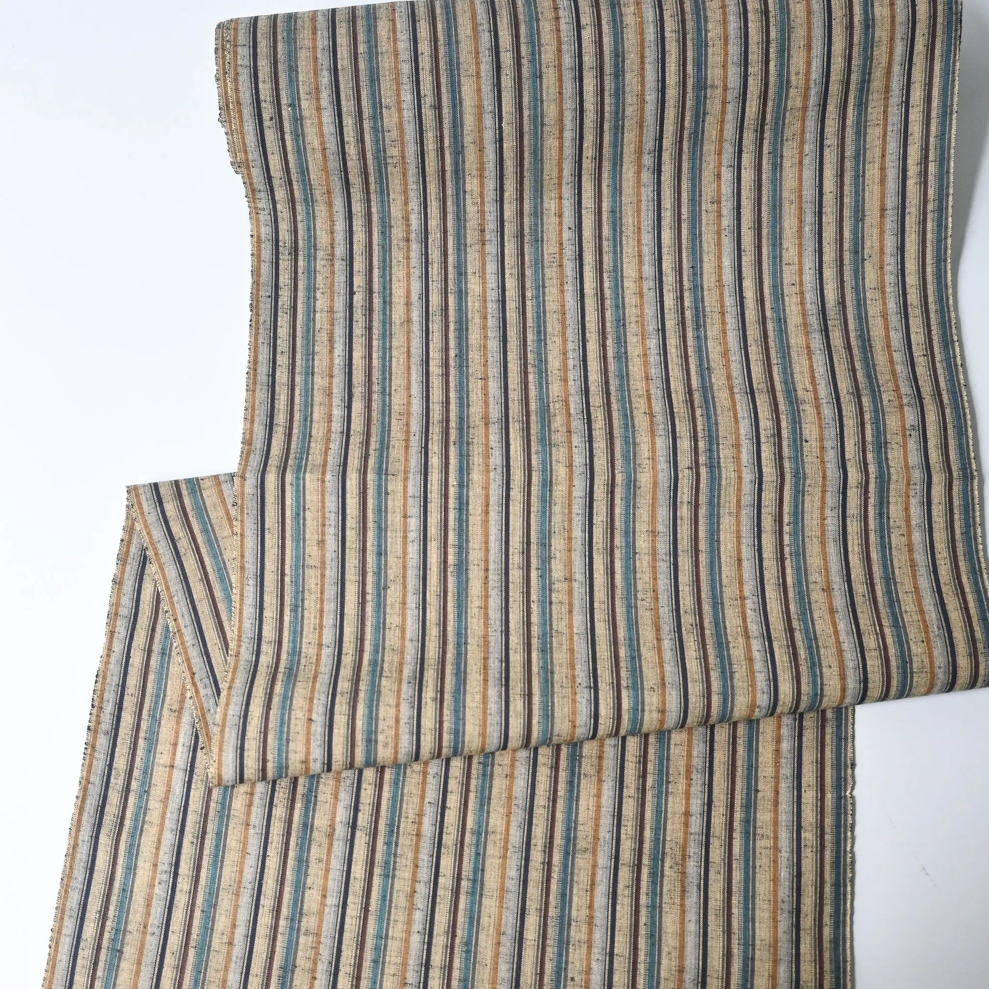 Full view of vintage tsumugi cotton bolt, stripe in natural tone, for women's casual kimono.