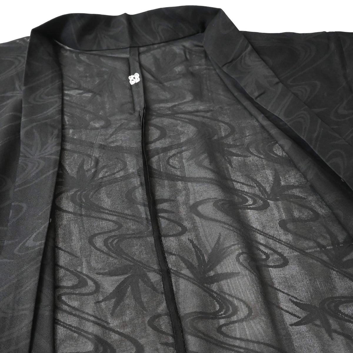 Vintage women's unlined black sheer silk haori for summer, with woven running water and bamboo motifs.