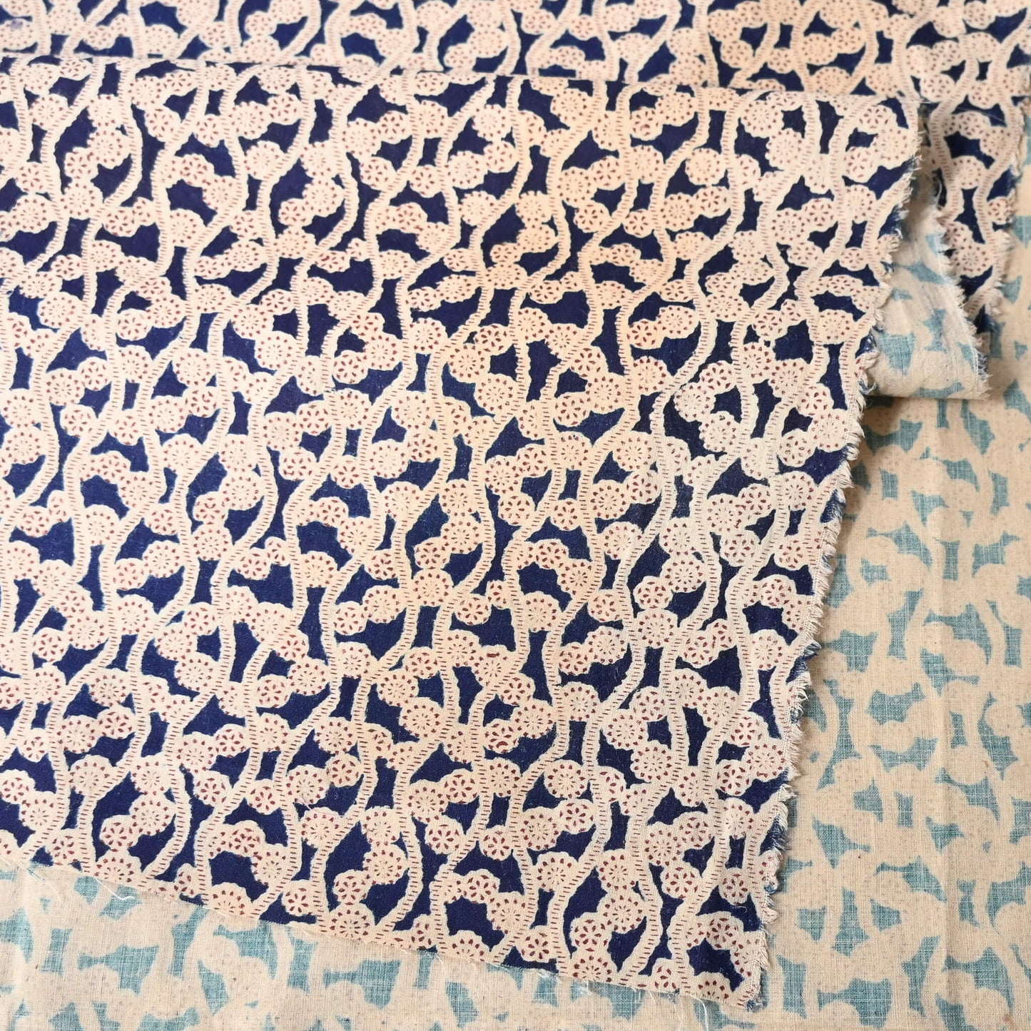 Close-up view of vintage Japanese wasarasa cotton fragment with Tatewaku floral motif.