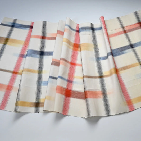 Full view of vintage Japanese white tsumugi silk with multi-coloured check kimono fabric.