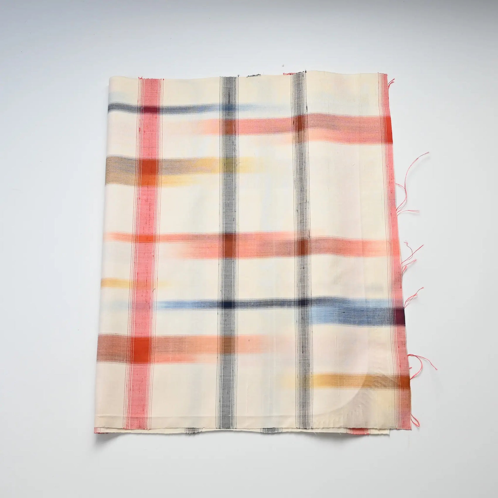 Vintage Japanese white tsumugi silk with multi-coloured check kimono fabric.