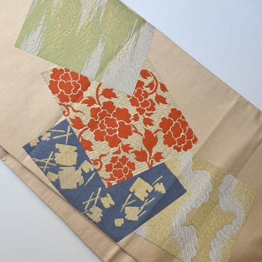 Detailed view of vintage Japanese women's cream beige silk fukuro obi with Shikishi square paper motif.