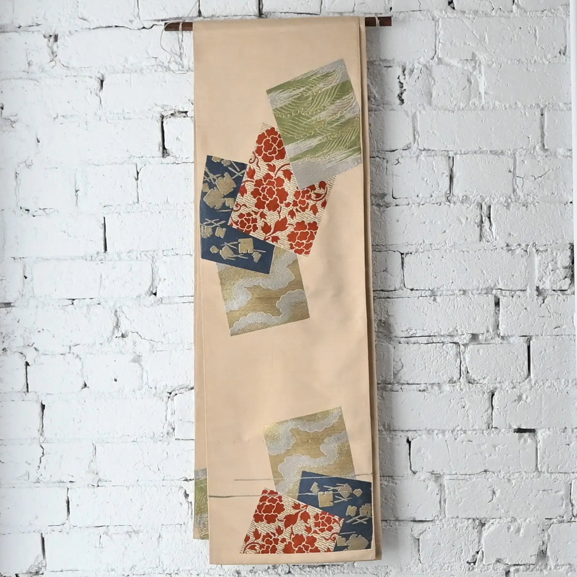 Full view of vintage Japanese women's cream beige silk fukuro obi with Shikishi square paper motif.