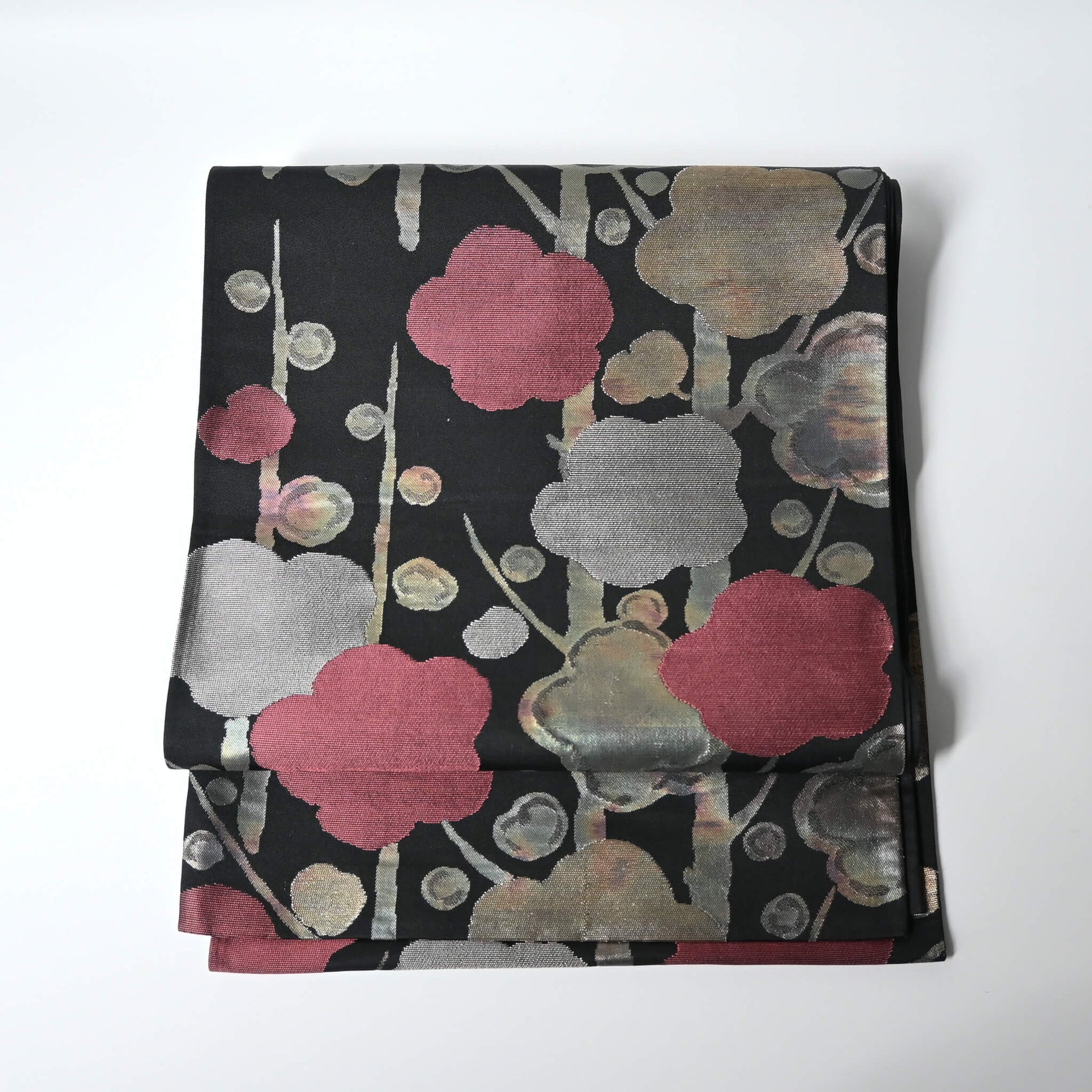 Vintage women's silk fukuro obi with stylised plum blossom woven with metallic silver and gold.
