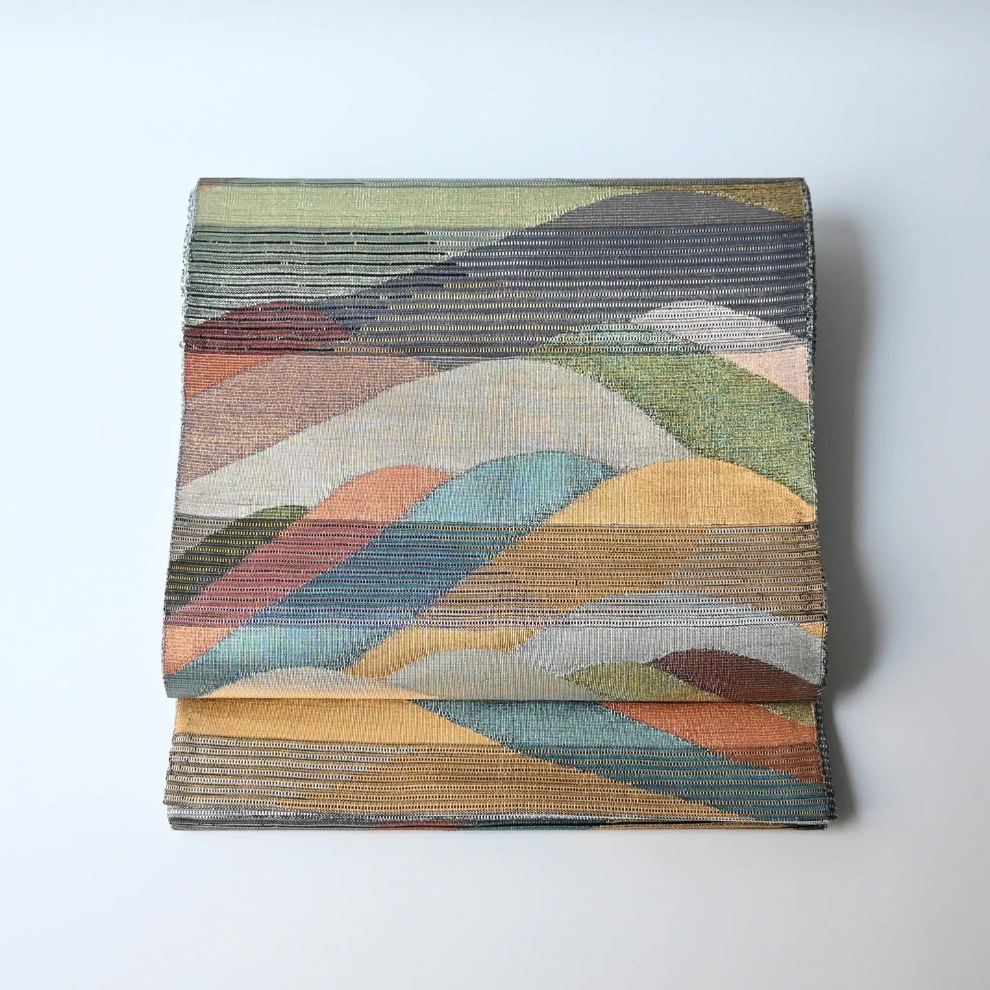 Vintage Japanese women's silk metallic Bukuro obi with mountain design.