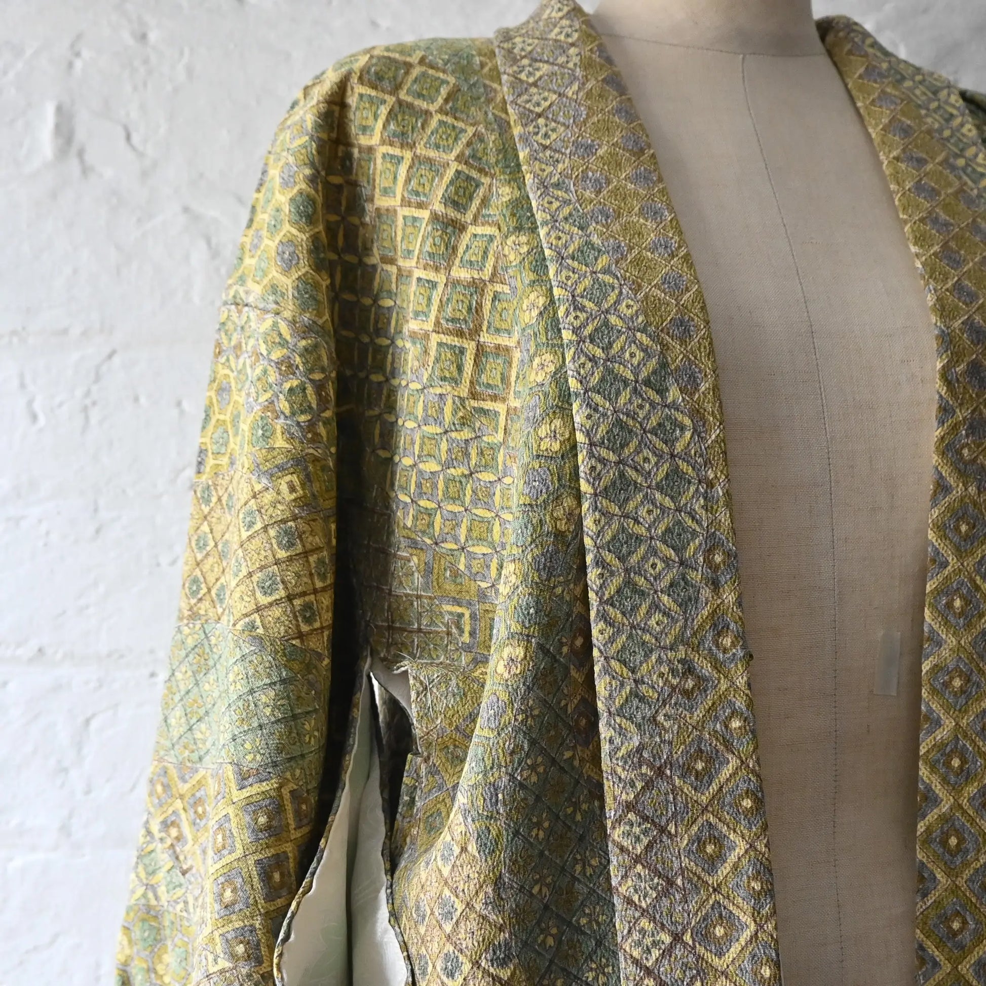 Vintage Japanese women's olive green silk crepe haori.