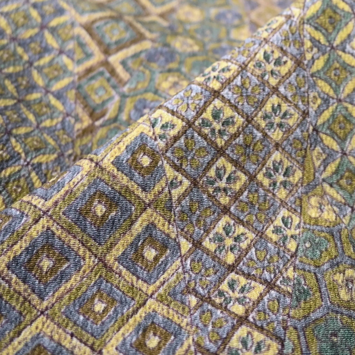 Close-up view of vintage Japanese women's olive green silk crepe haori.