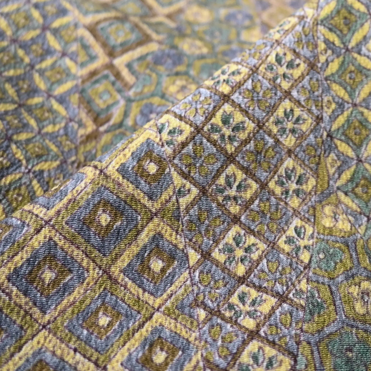 Close-up view of vintage Japanese women's olive green silk crepe haori.