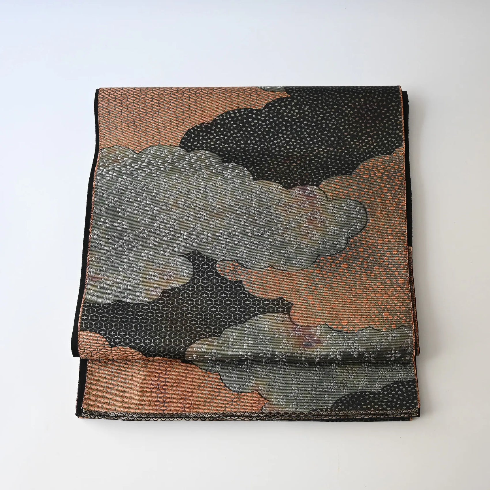 Vintage Japanese women's silk fukuro obi in black and silver with cloud motif.