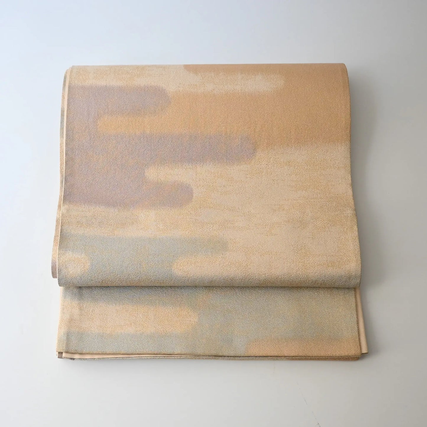 Vintage Japanese women's silk Fukuro Obi in soft gold, purple and blue with Kasumi pattern.