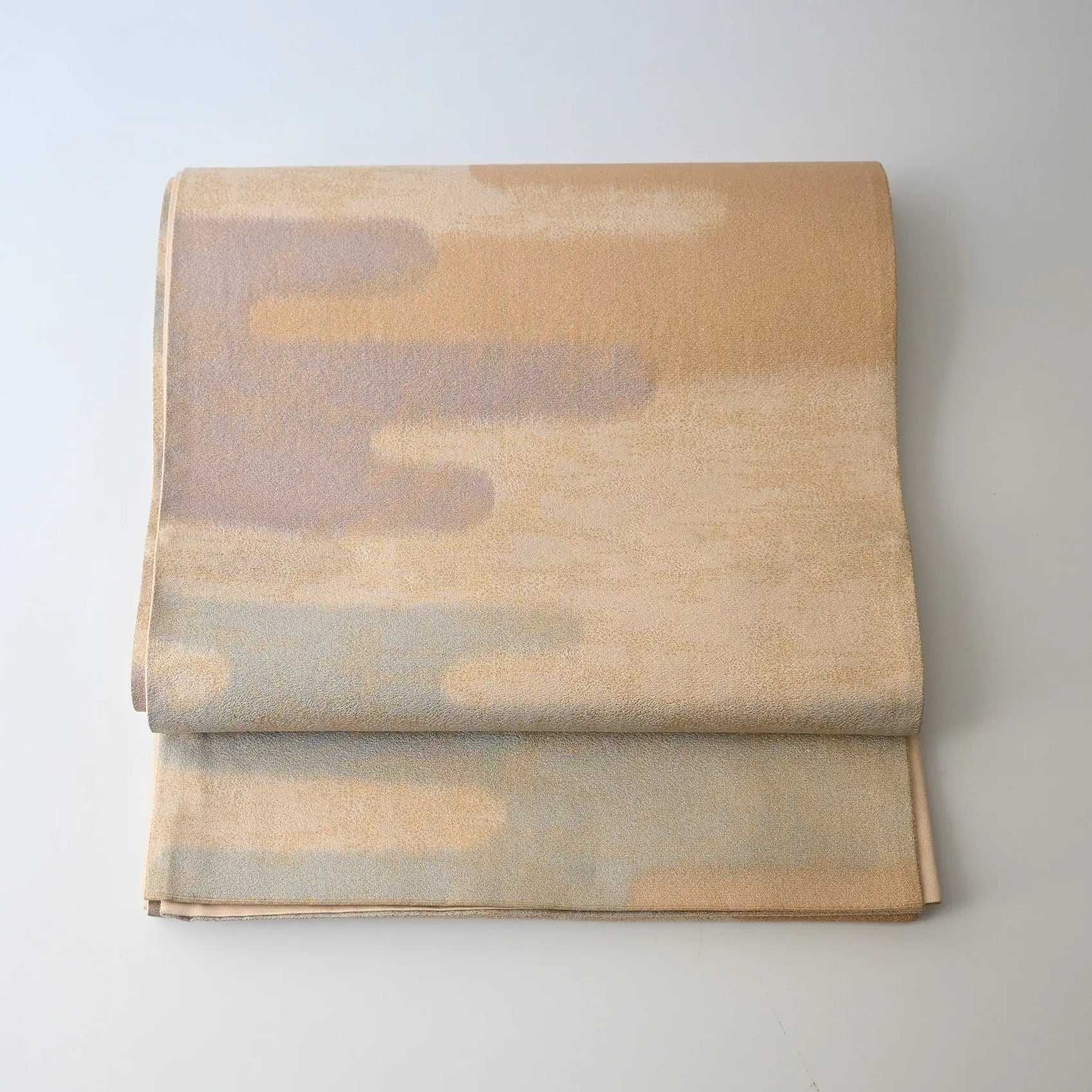 Vintage Japanese women's silk Fukuro Obi in soft gold, purple and blue with Kasumi pattern.