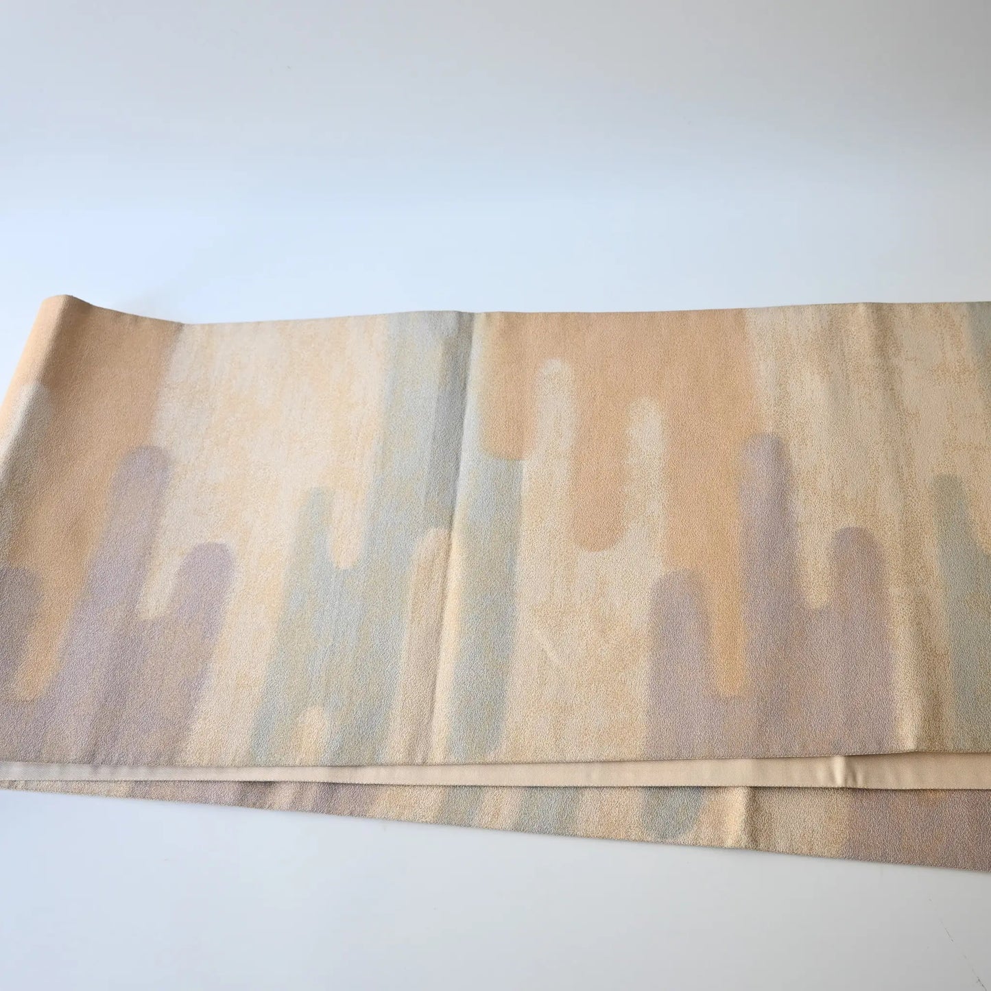 Vintage Japanese women's silk Fukuro Obi in soft gold, purple and blue with Kasumi pattern works well as a table runner.