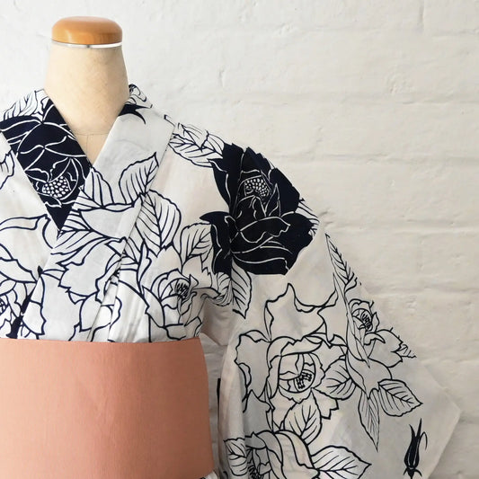 Top front part of vintage Japanese women's authentic yukata, Chusen dyed cotton with rose motif.