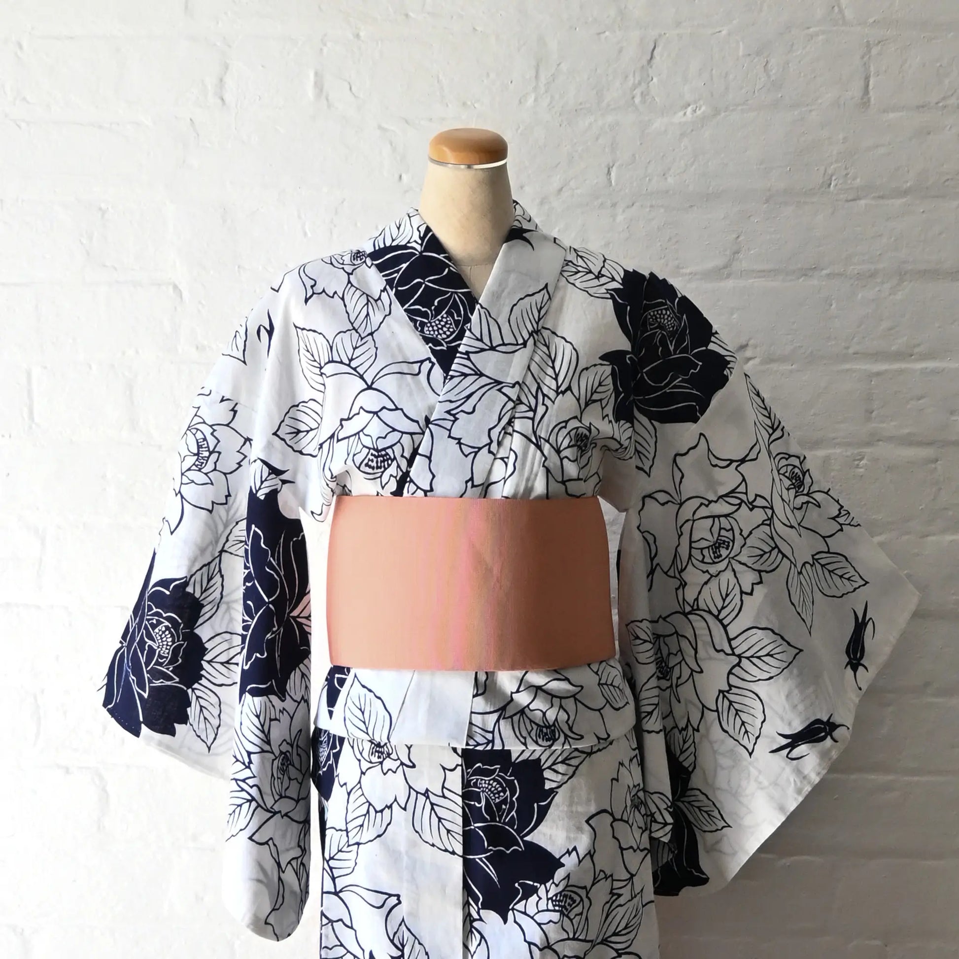 Vintage Japanese women's authentic yukata, Chusen dyed cotton with rose motif from the late 20th century.