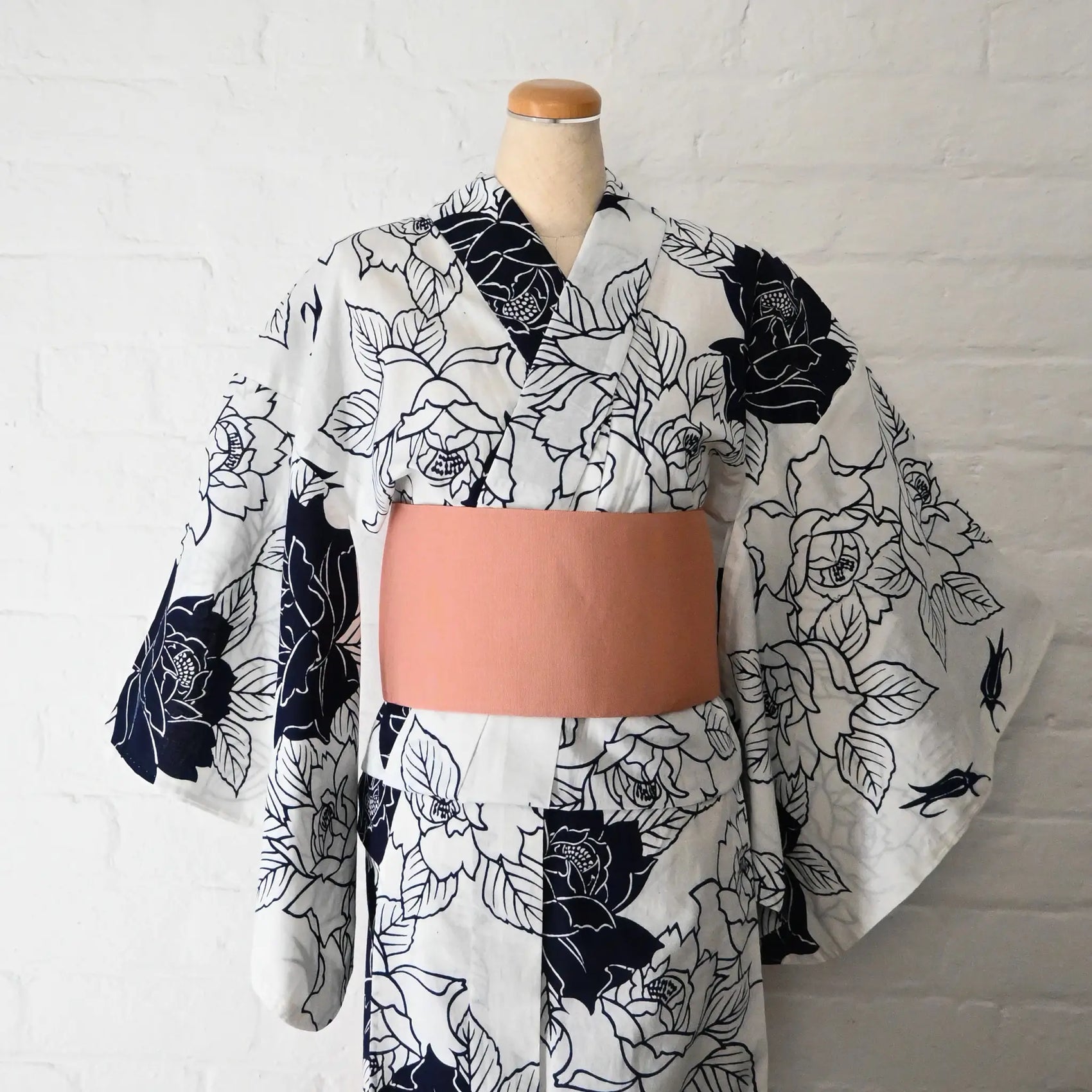Vintage Japanese women's authentic yukata, Chusen dyed cotton with rose motif from the late 20th century.