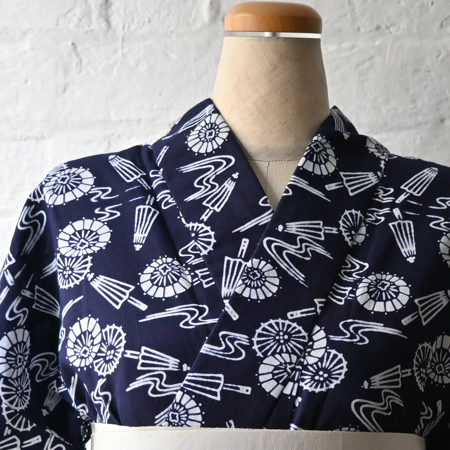 Top front part of vintage Japanese women's authentic yukata, Chusen dyed cotton from the late 20th century.