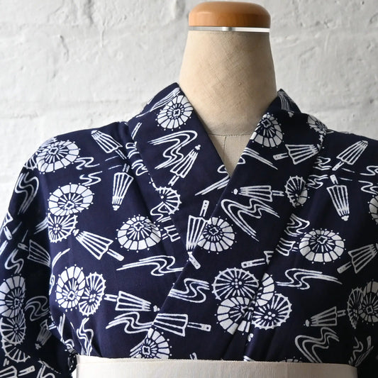 Top front part of vintage Japanese women's authentic yukata, Chusen dyed cotton from the late 20th century.