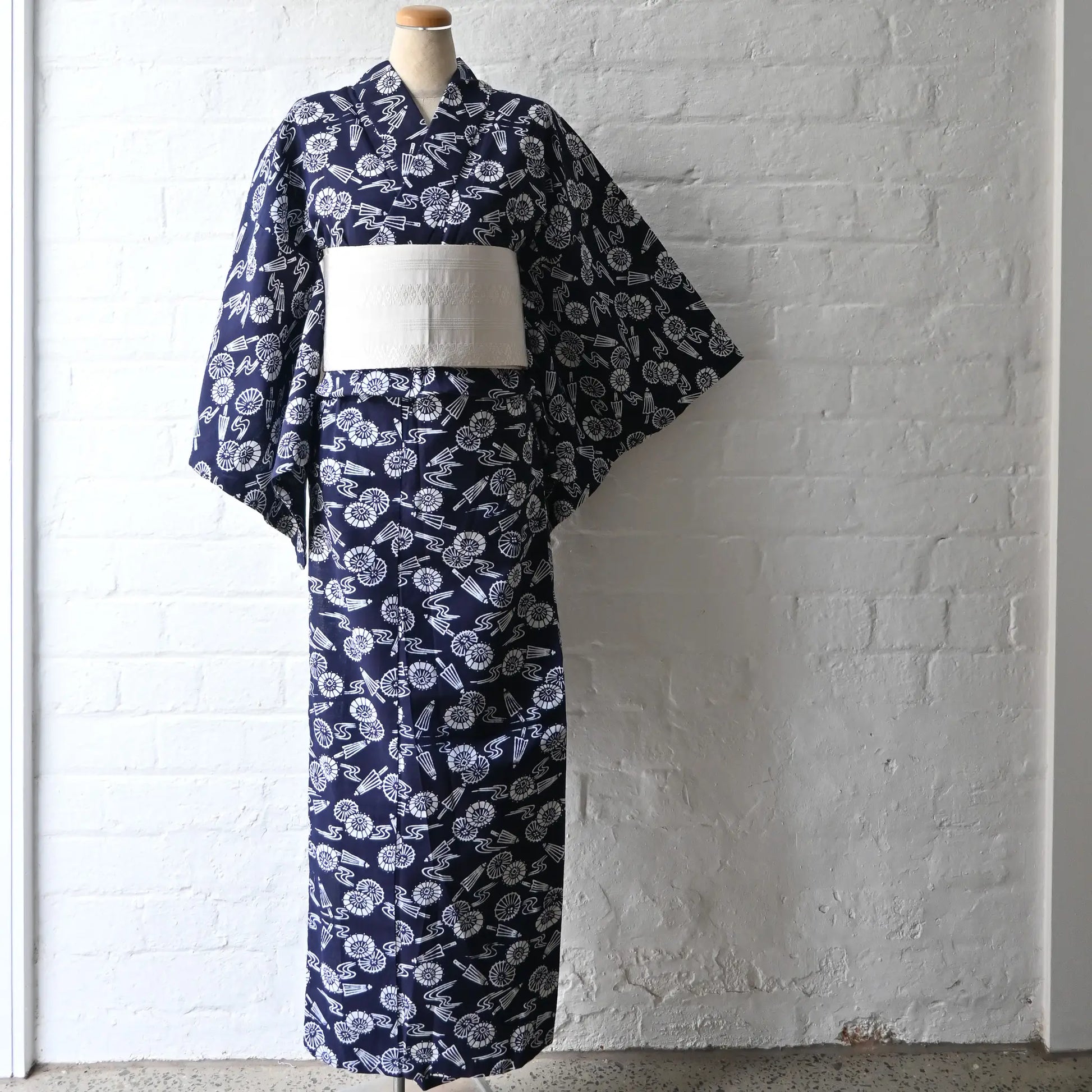 Full view of vintage Japanese women's authentic yukata, Chusen dyed cotton from the late 20th century.