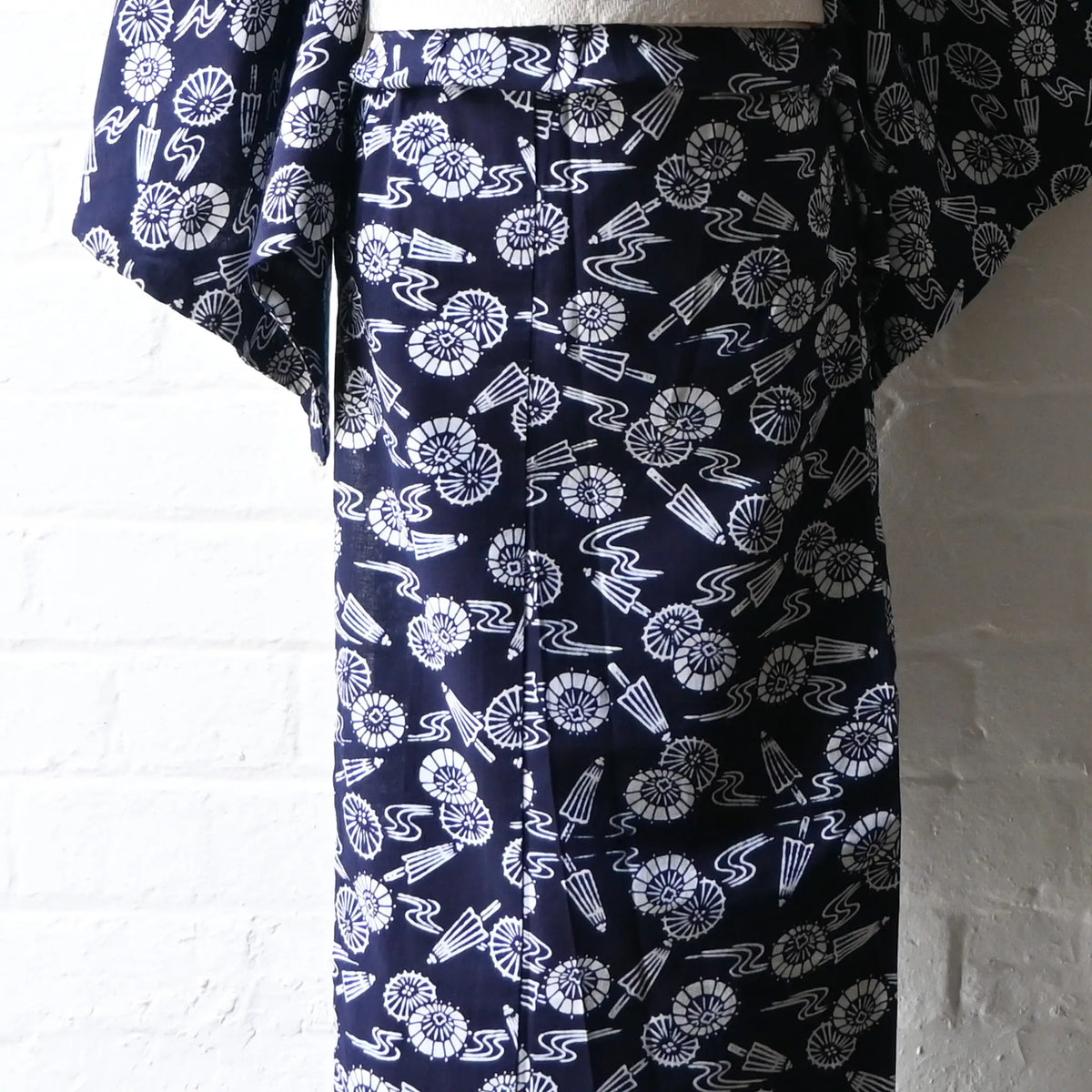 Bottom front part of vintage Japanese women's authentic yukata, Chusen dyed cotton from the late 20th century.