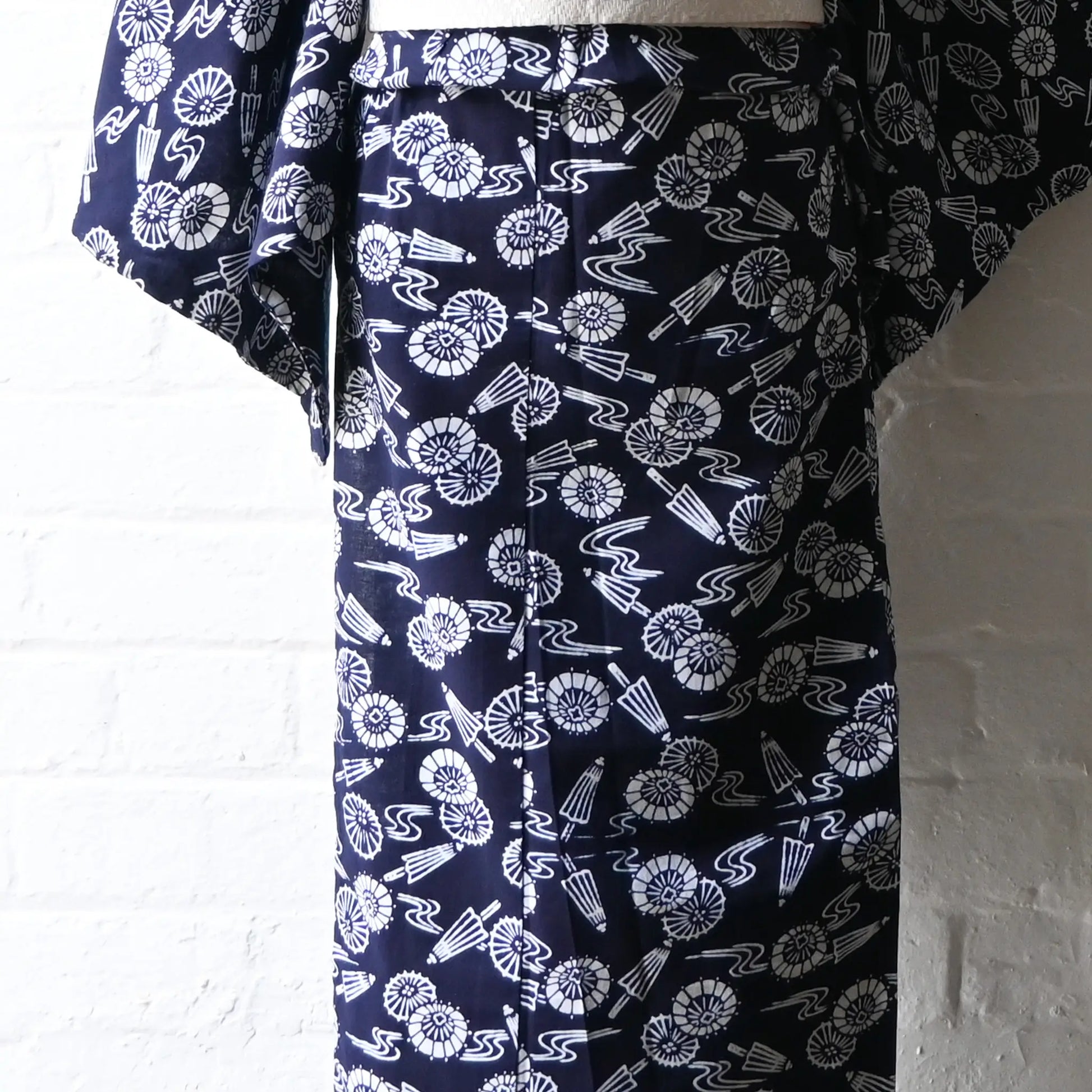 Bottom front part of vintage Japanese women's authentic yukata, Chusen dyed cotton from the late 20th century.