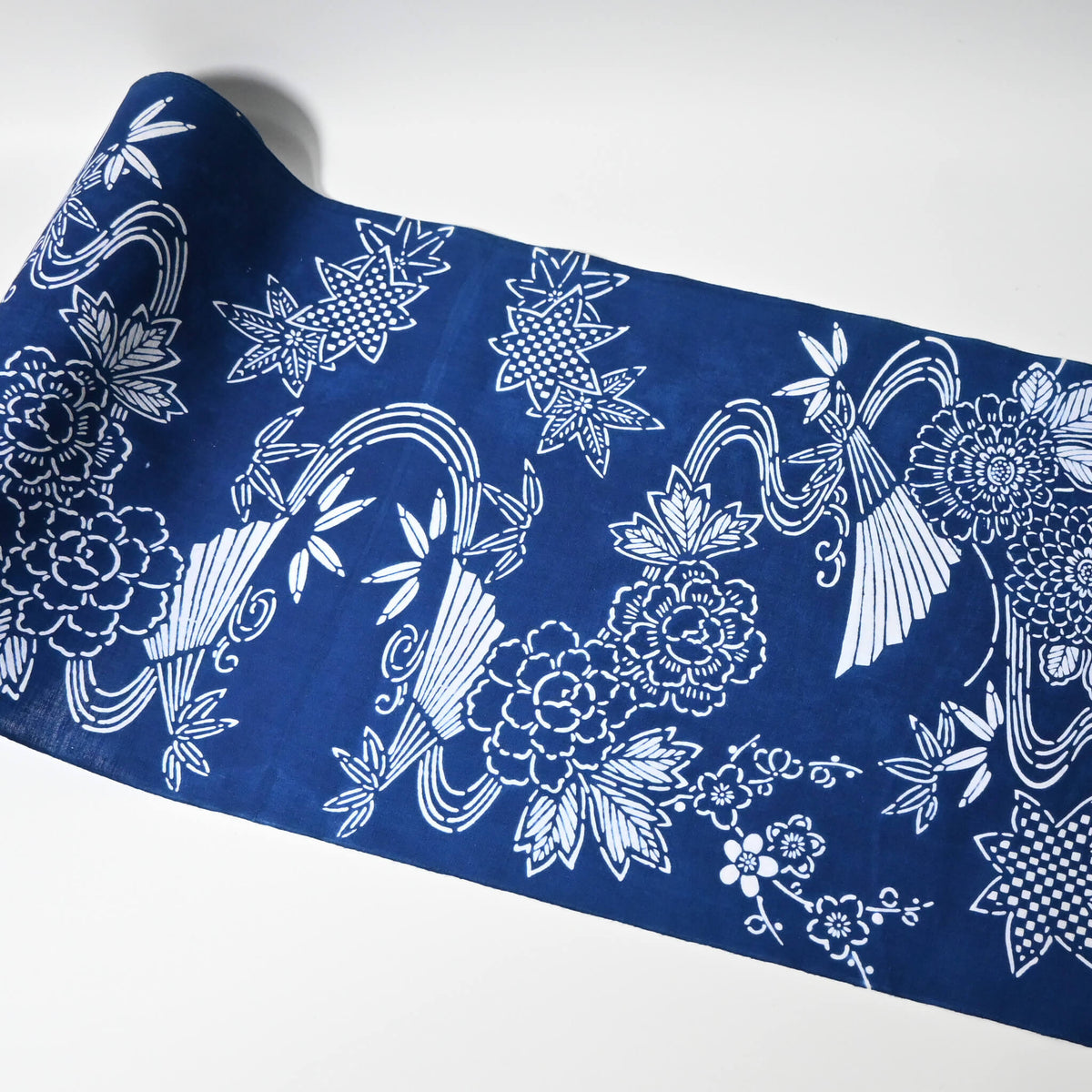 Vintage traditional yukata cotton fabric with seasonal flowers, sold by the metre.