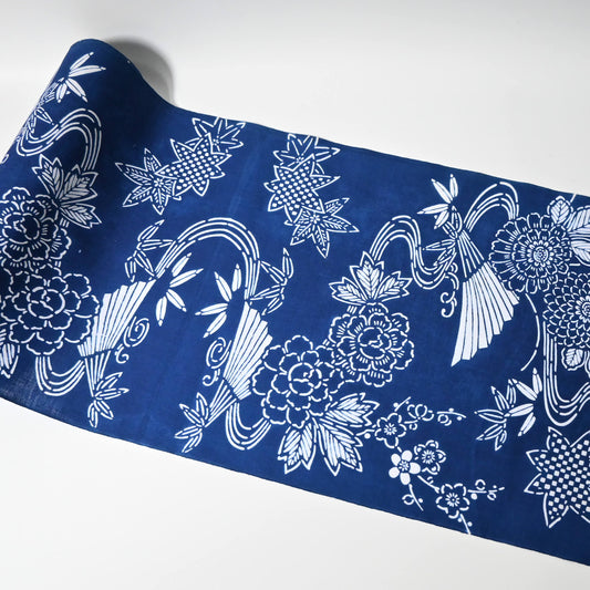 Vintage traditional yukata cotton fabric with seasonal flowers, sold by the metre.