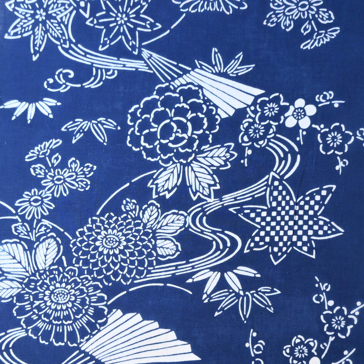 Close-up view of vintage traditional yukata cotton fabric with seasonal flowers, sold by the metre.