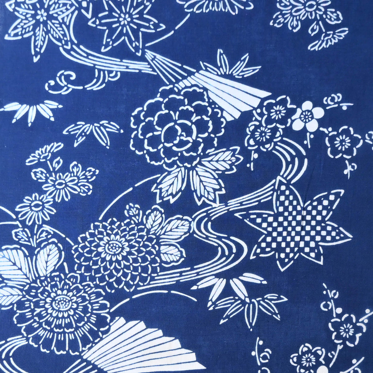 Close-up view of vintage traditional yukata cotton fabric with seasonal flowers, sold by the metre.