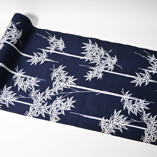 Vintage women's yukata cotton fabric with white maple motif on dark indigo base, sold by the metre.
